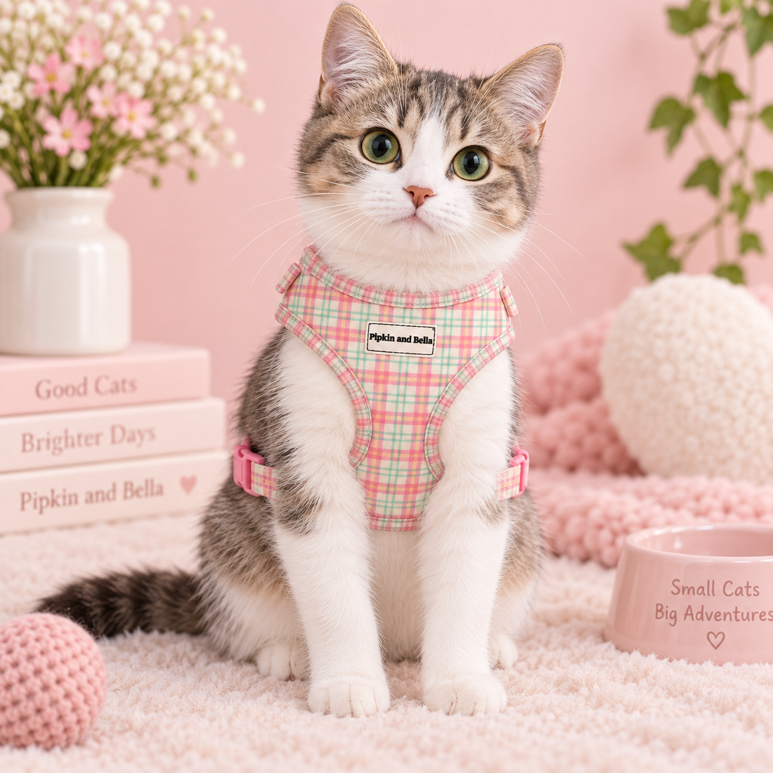 A tabby and white cat wearing a pink plaid harness sits on a fluffy cream rug in a styled indoor scene with pink props, including a bowl, books, flowers, and a knit ball.