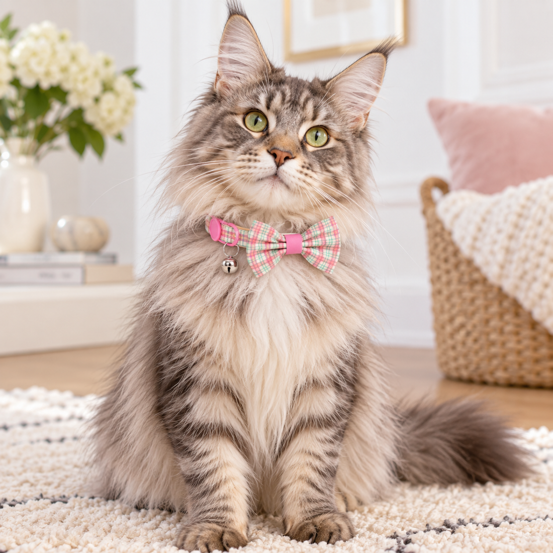 A long-haired gray tabby cat wearing a pink and green plaid bow tie collar with a small bell, sitting on a cream rug in a cozy indoor room.