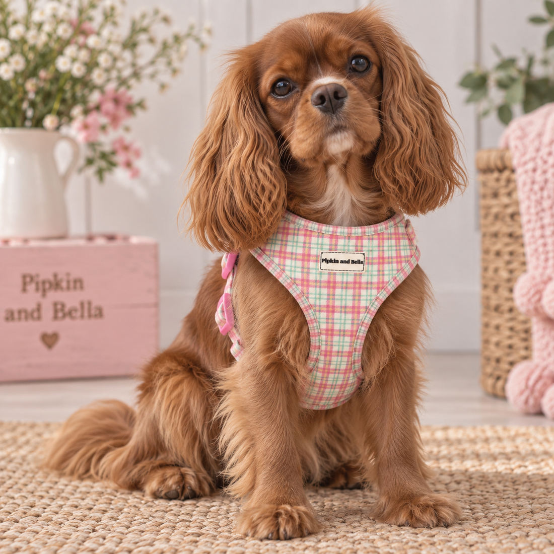 A brown long-haired dog sits on a woven rug wearing a pink and white gingham pet harness with a small black brand label. The background shows a softly styled indoor setting with a pink wooden box, flowers, and a wicker basket.