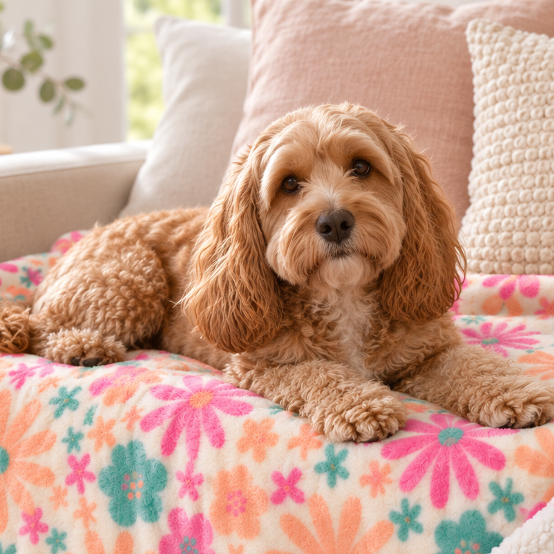 A fluffy tan dog lies on a cozy cream sherpa blanket draped over a light beige sofa. The blanket features a colorful retro floral pattern with pink, orange, and teal flowers on a cream background.