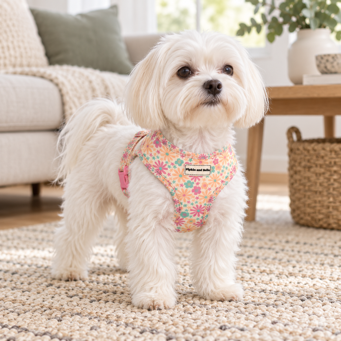 A small white dog standing on a textured rug in a bright living room, wearing a floral-patterned dog harness with a visible 'Pipkin and Bella' brand patch.