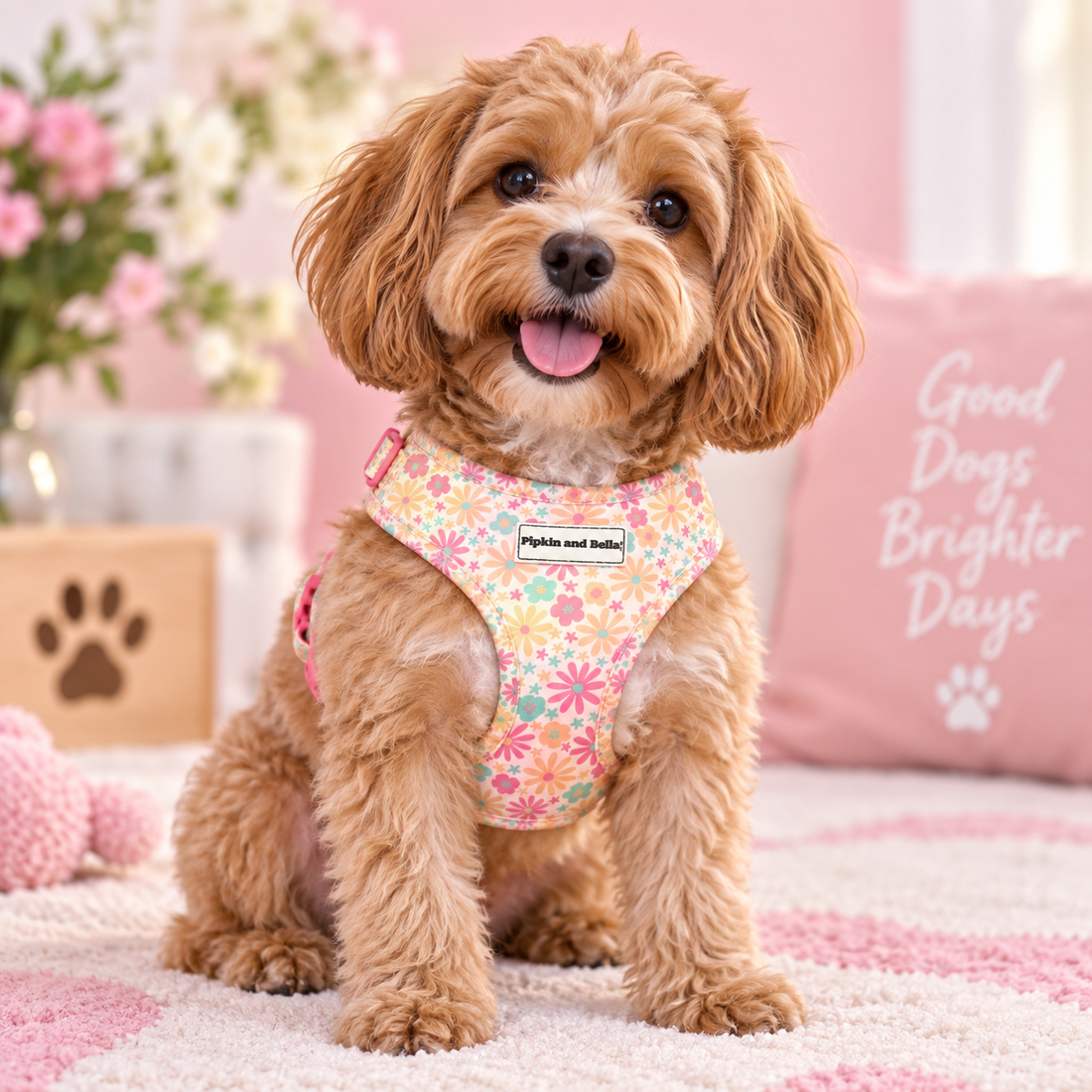 A small fluffy dog wearing a colorful floral harness sits on a pink and white rug in a cozy room setting. The harness has a pink, yellow, and blue floral pattern with a white brand label that reads 'Pipkin and Bella'.