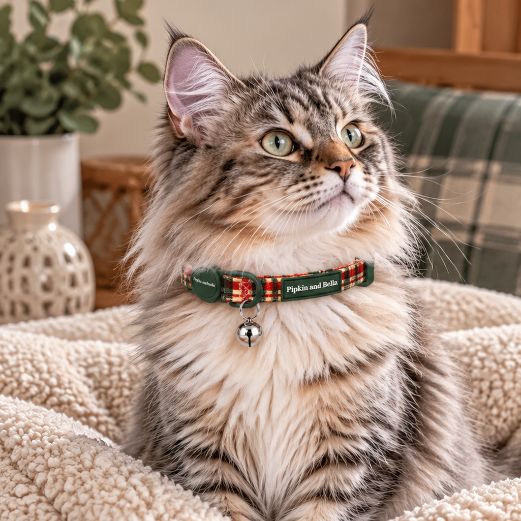 A fluffy long-haired cat wearing a green and red plaid collar with a small bell, sitting on a cream sherpa blanket in a cozy indoor setting.
