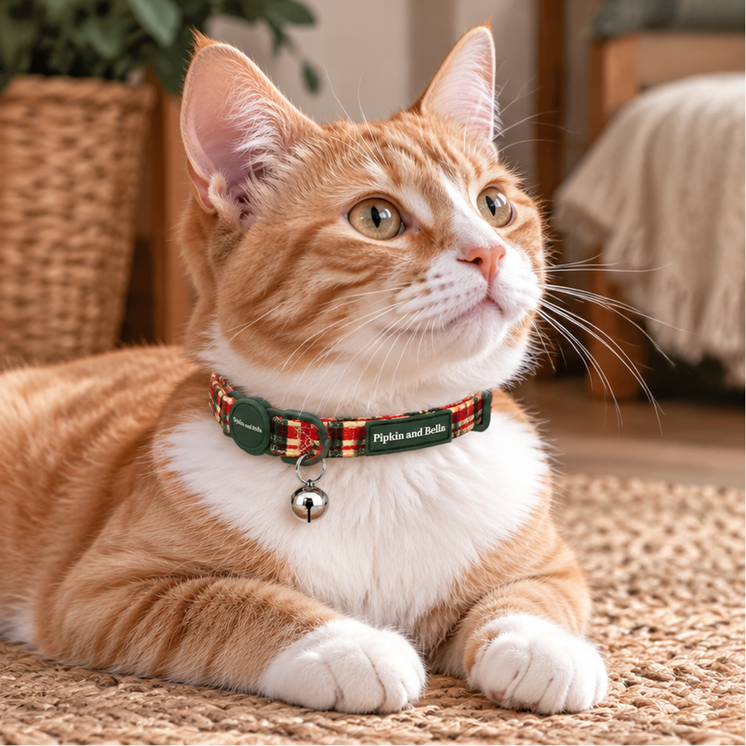 An orange and white cat wearing a red, yellow, and green plaid collar with a small bell, lying on a woven rug in a cozy indoor setting.