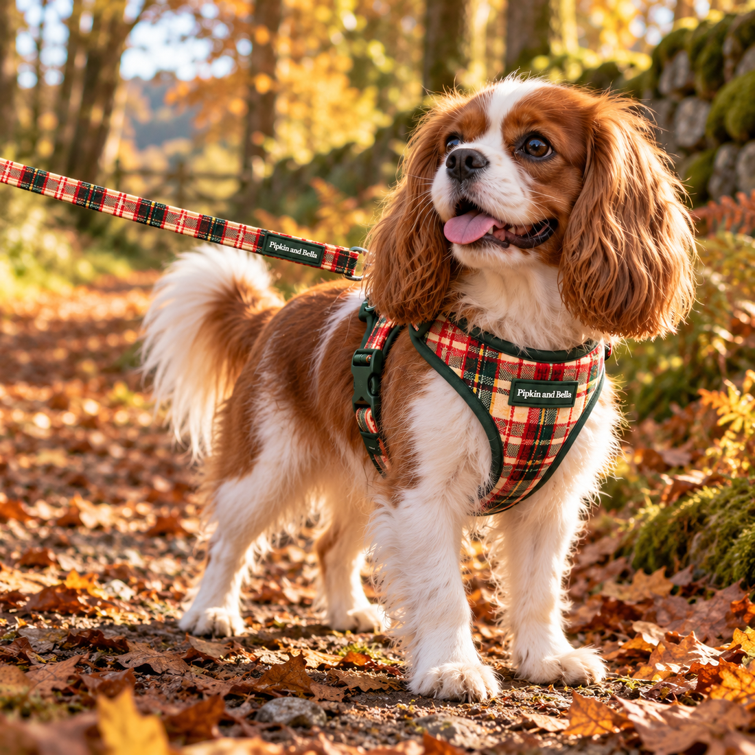 A small brown and white dog standing on a leaf-covered outdoor path, wearing a red, green, and black plaid harness with a matching leash. The harness has a small visible 'Pipkin and Bella' label.