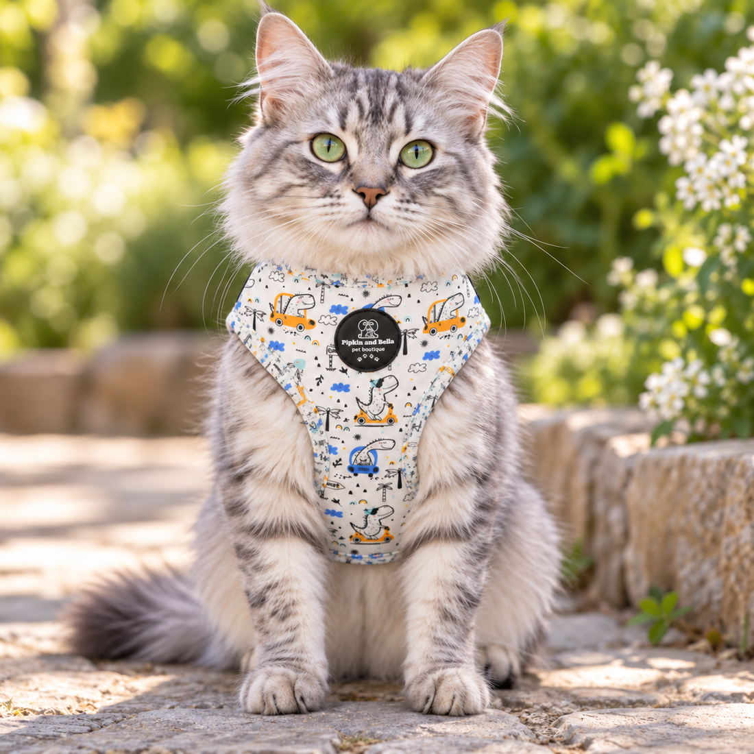 A fluffy silver tabby cat wearing a patterned harness outdoors on a stone path with green garden foliage in the background.