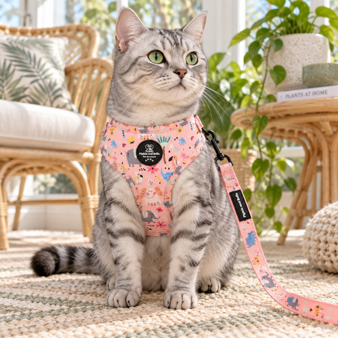 A gray tabby cat wearing a pink patterned harness and matching leash sits on a woven rug in a bright, cozy room with plants and rattan furniture.