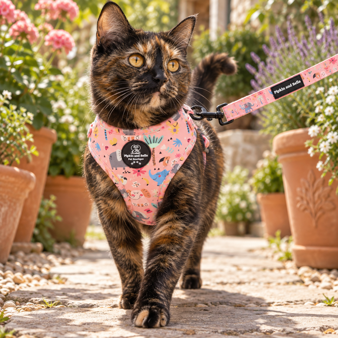A tortoiseshell cat walking outdoors on a stone path wearing a pink patterned harness and matching leash with the brand name 'Pipkin and Bella' visible on the strap and chest patch.