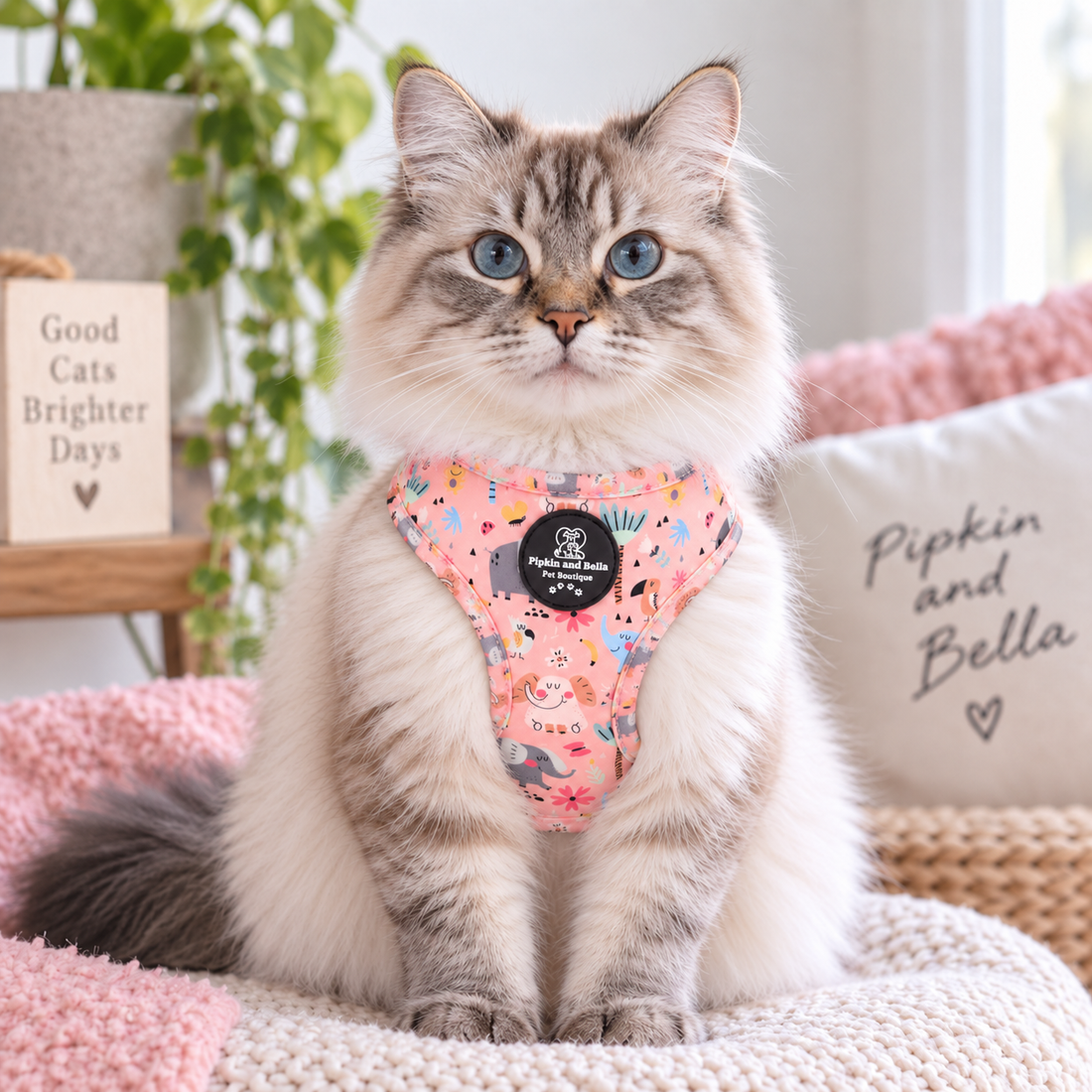 A fluffy long-haired cat wearing a pink patterned harness sits on a knitted blanket in a cozy indoor setting with pillows and a plant in the background.