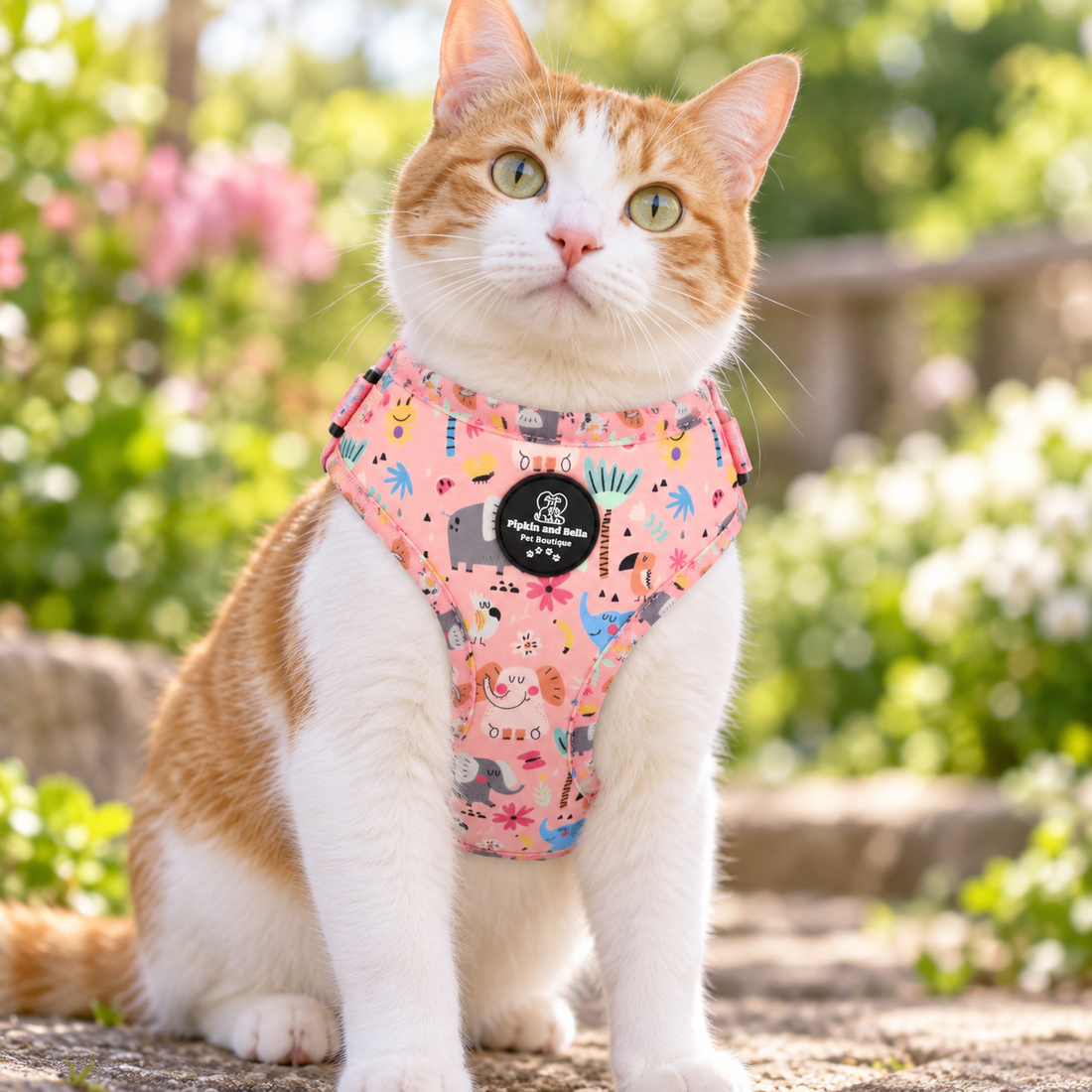 An orange and white cat wearing a pink patterned harness with cute cartoon designs, sitting outdoors in a sunny garden setting.