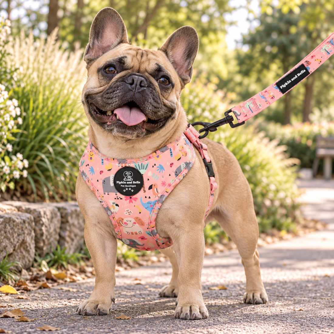 A fawn French Bulldog wearing a pink and blue tropical print harness and leash stands on a paved path in a sunny park.