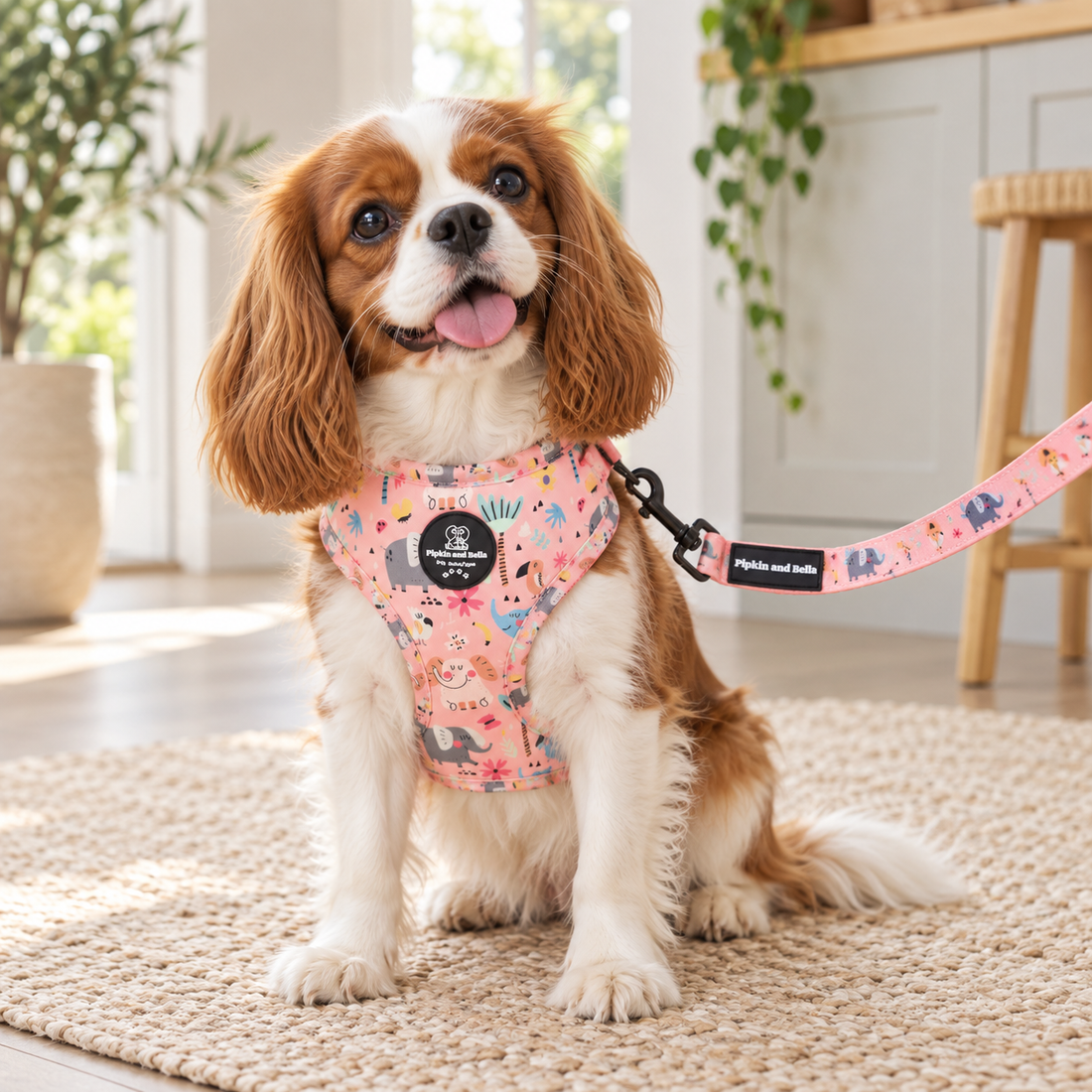 A Cavalier King Charles Spaniel dog wearing a pink patterned harness and matching leash sits on a woven rug in a bright, modern room.