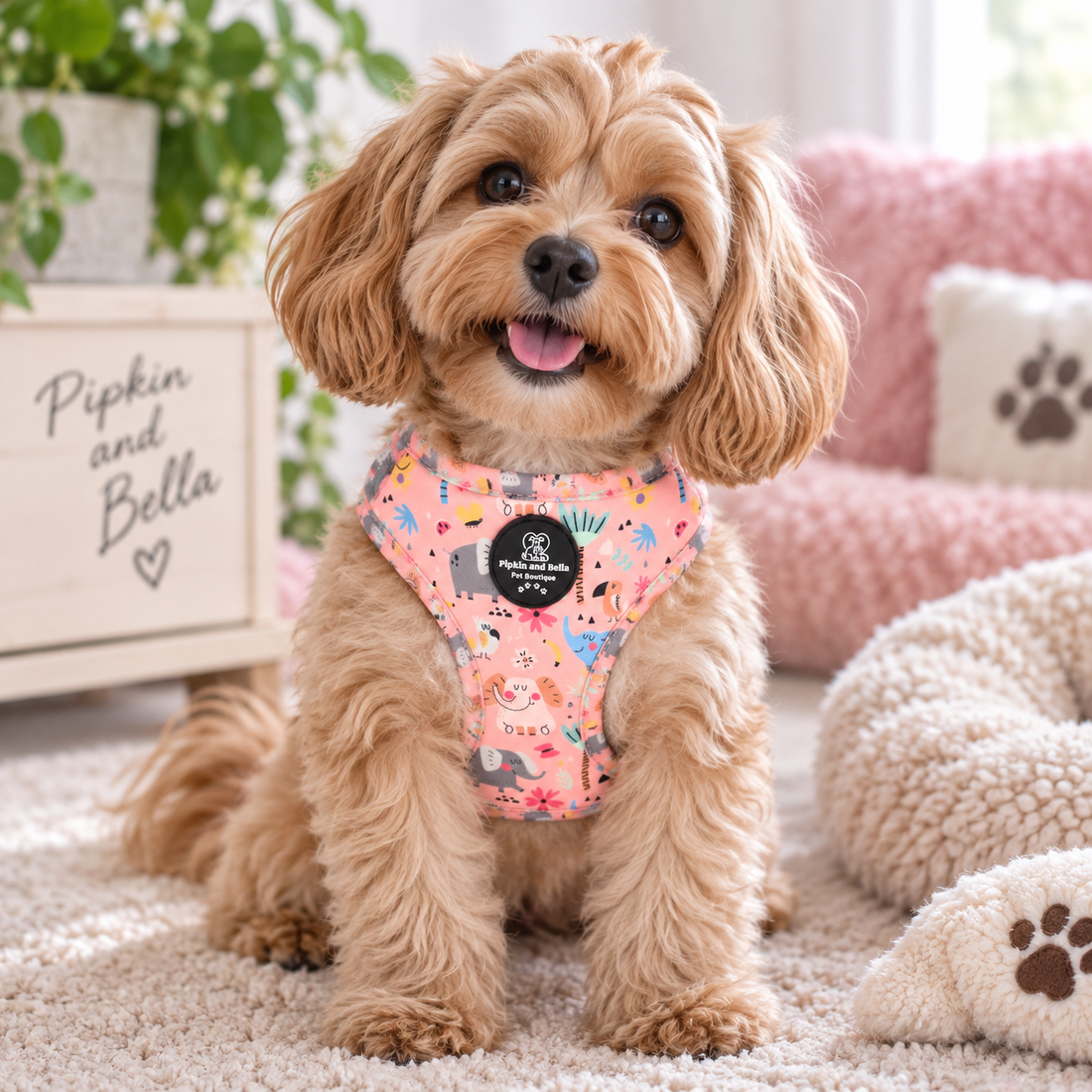 A small fluffy tan dog sits on a cream carpet wearing a pink patterned harness. The harness has a black circular logo patch in the center.