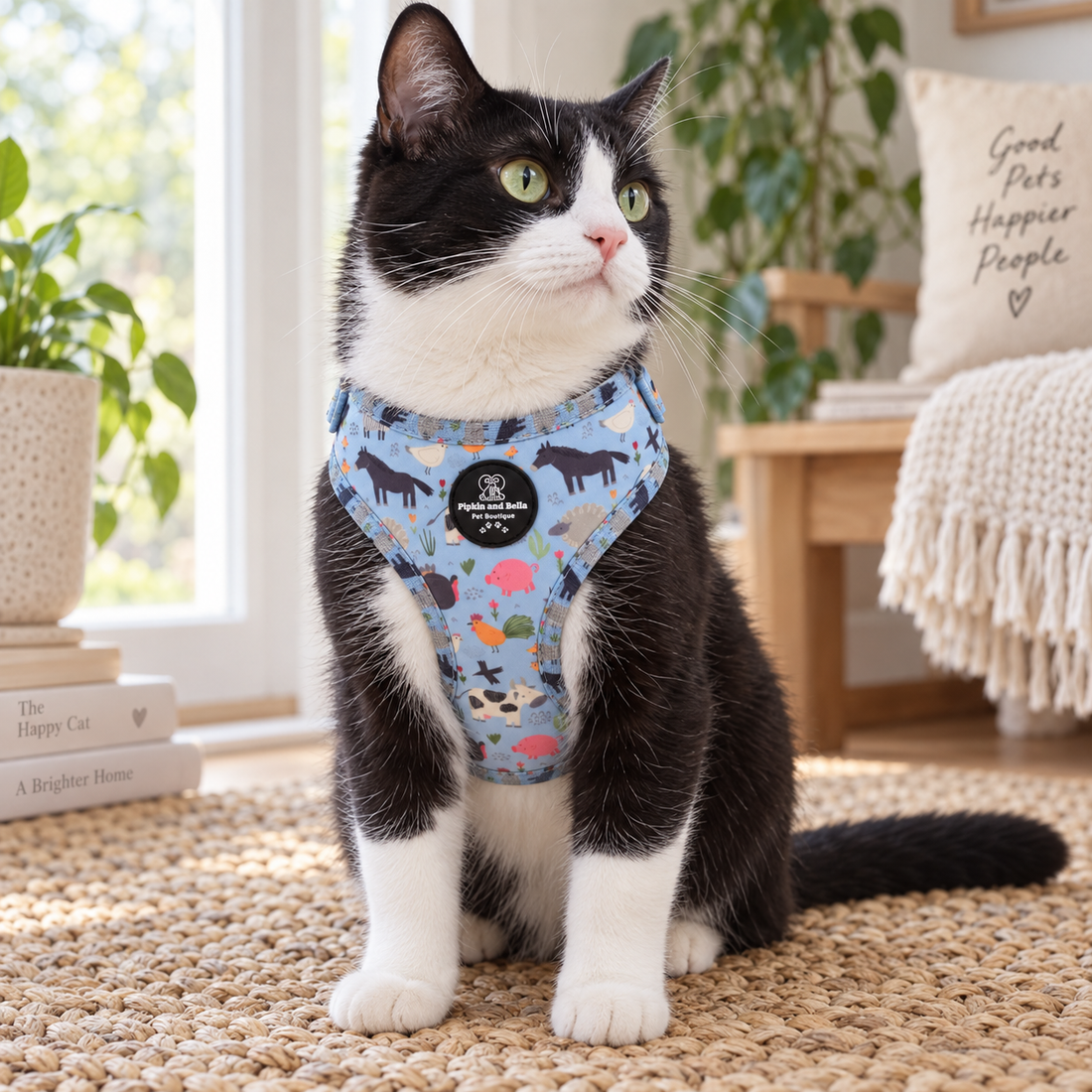A black and white cat wearing a blue patterned harness sits on a woven rug in a bright, cozy room with plants and furniture in the background.