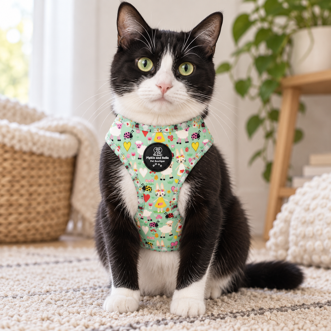 A black and white cat wearing a mint green pet harness with a colorful cartoon pattern, sitting on a beige carpet in a cozy indoor setting.