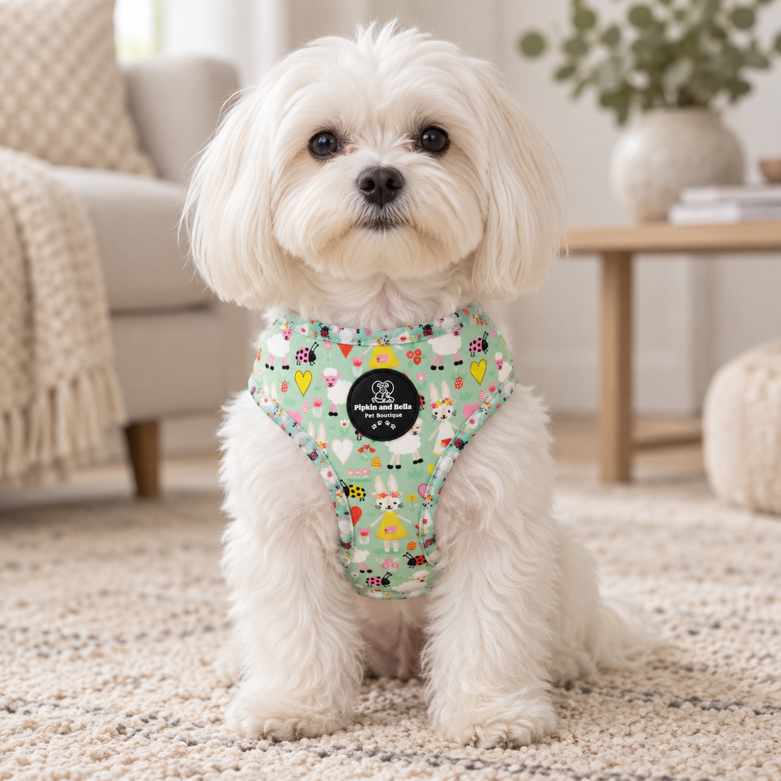 A small white dog wearing a green patterned harness with a black circular logo patch, sitting on a beige carpet in a cozy living room setting.