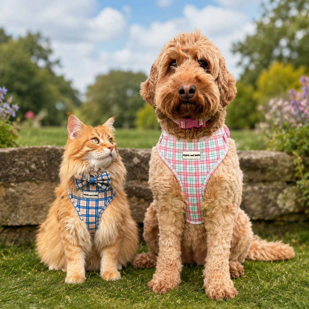 A fluffy orange cat and a cockerpoo dog sitting side by side on green grass in a garden. Both animals are wearing matching plaid harnesses and collars with the brand name 'Pipkin and Bella' visible on the labels.