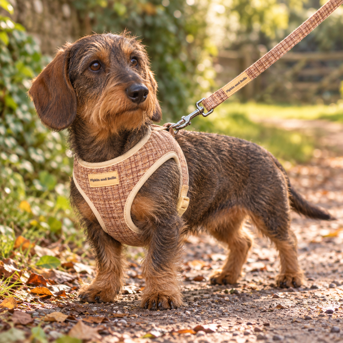 A dachshund wearing a tan and brown plaid harness with a matching leash, standing on a gravel path outdoors.