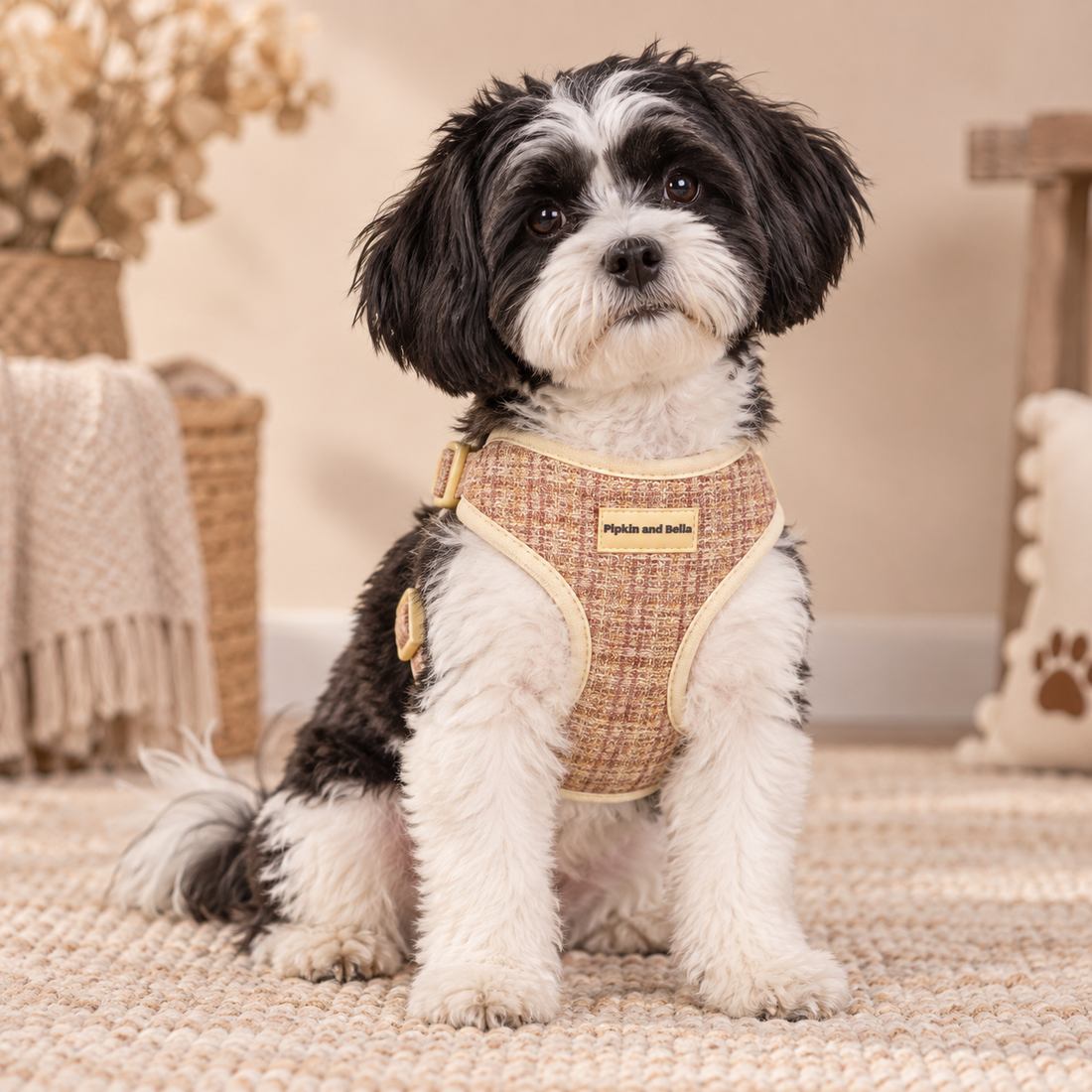 A small black-and-white dog sits on a beige rug wearing a woven harness. The harness has a tan and beige textured pattern with cream-colored trim and a small brand label that reads 'Pipkin and Bella'.