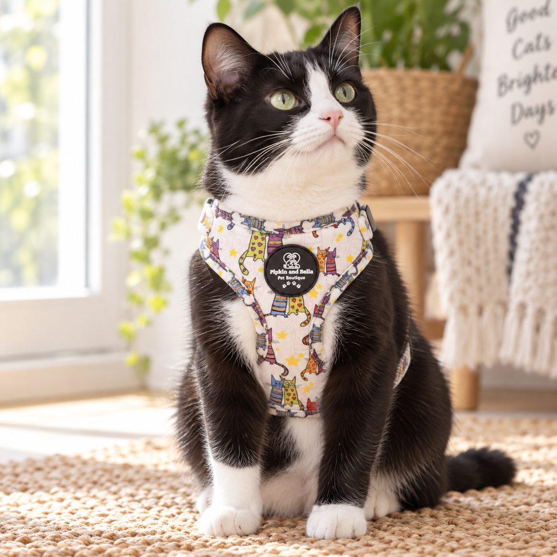 A black and white cat wearing a colorful patterned harness sits on a woven rug in a bright, sunlit room.