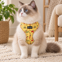 A fluffy cream and brown cat sits on a beige rug wearing a yellow pet harness printed with colorful sea creatures and the text 'Pipkin and Bella'.