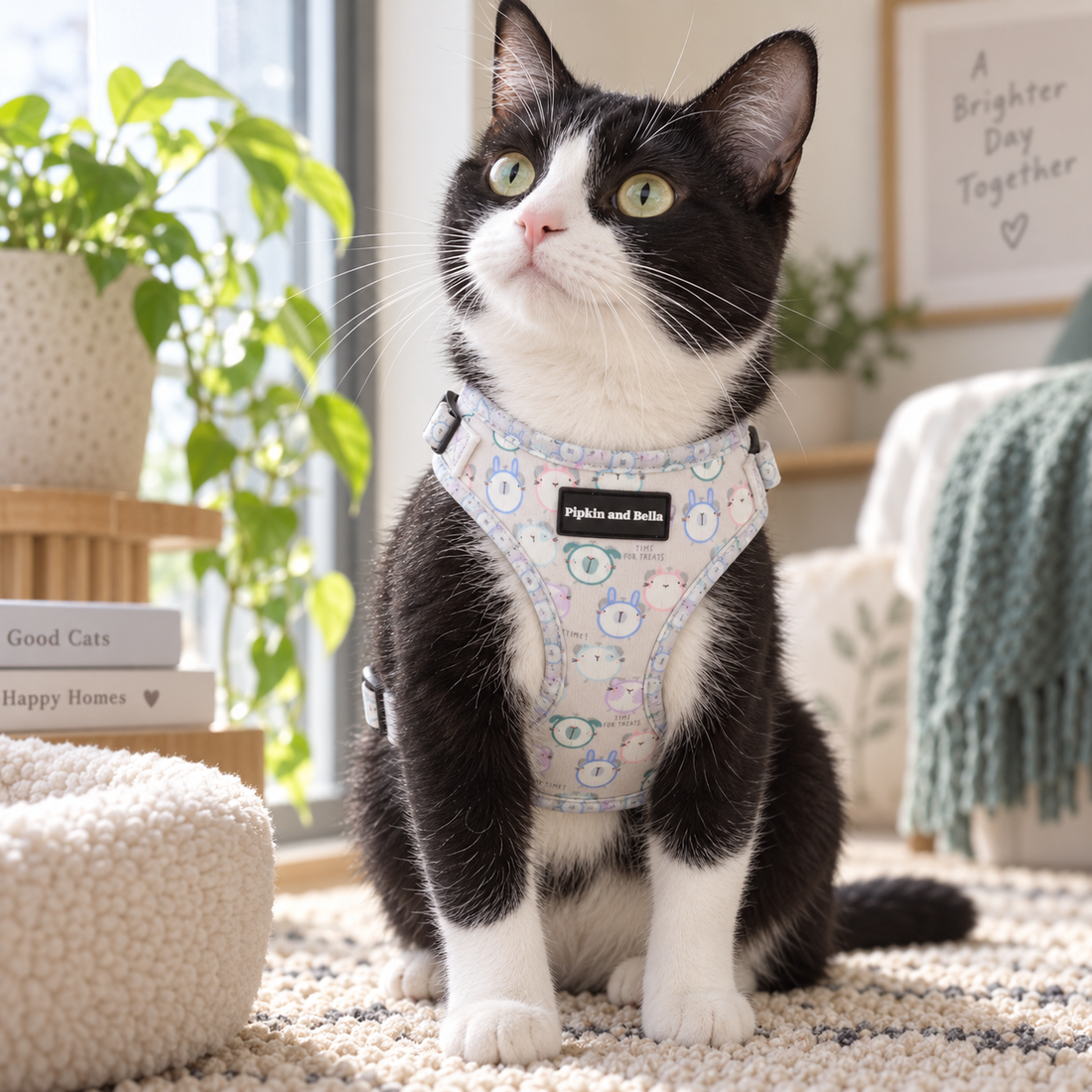 A black and white cat wearing a light blue patterned harness sits on a cream rug in a bright, cozy room with plants and home decor in the background.