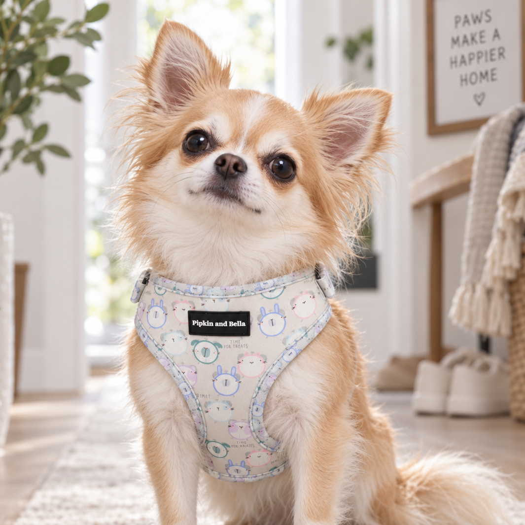 A small tan and white Chihuahua sits on a light rug wearing a light blue patterned harness with a black 'Pipkin and Bella' brand label. The background shows a cozy, bright home interior with a potted plant, framed wall art, and a basket.
