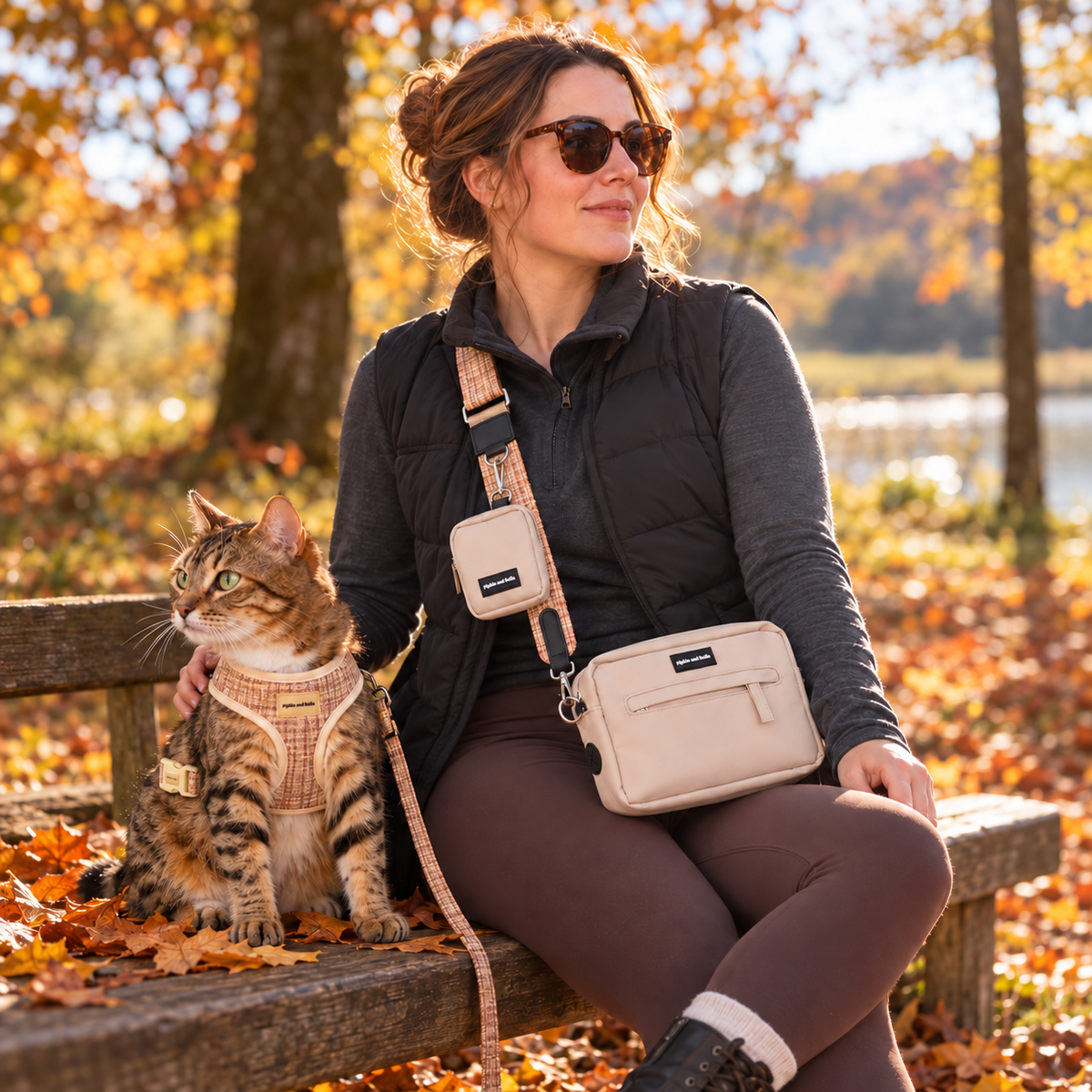 A woman and a cat sit on a wooden bench outdoors in autumn, wearing matching beige woven crossbody pet bags with matching harnesses and leashes. The background shows trees with orange and yellow leaves.
