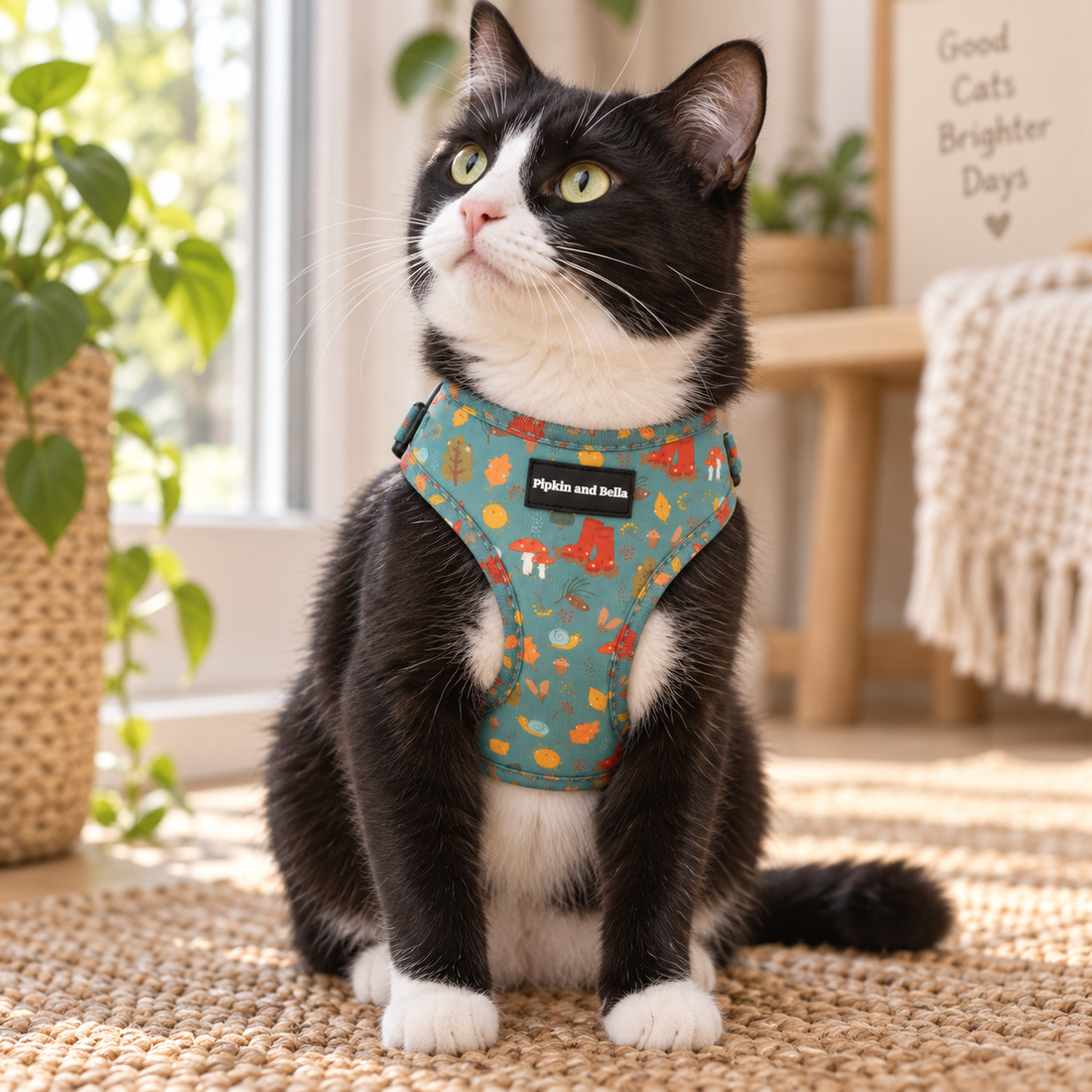 A black and white cat wearing a teal patterned harness with orange and yellow accents, sitting on a woven rug in a bright indoor setting.