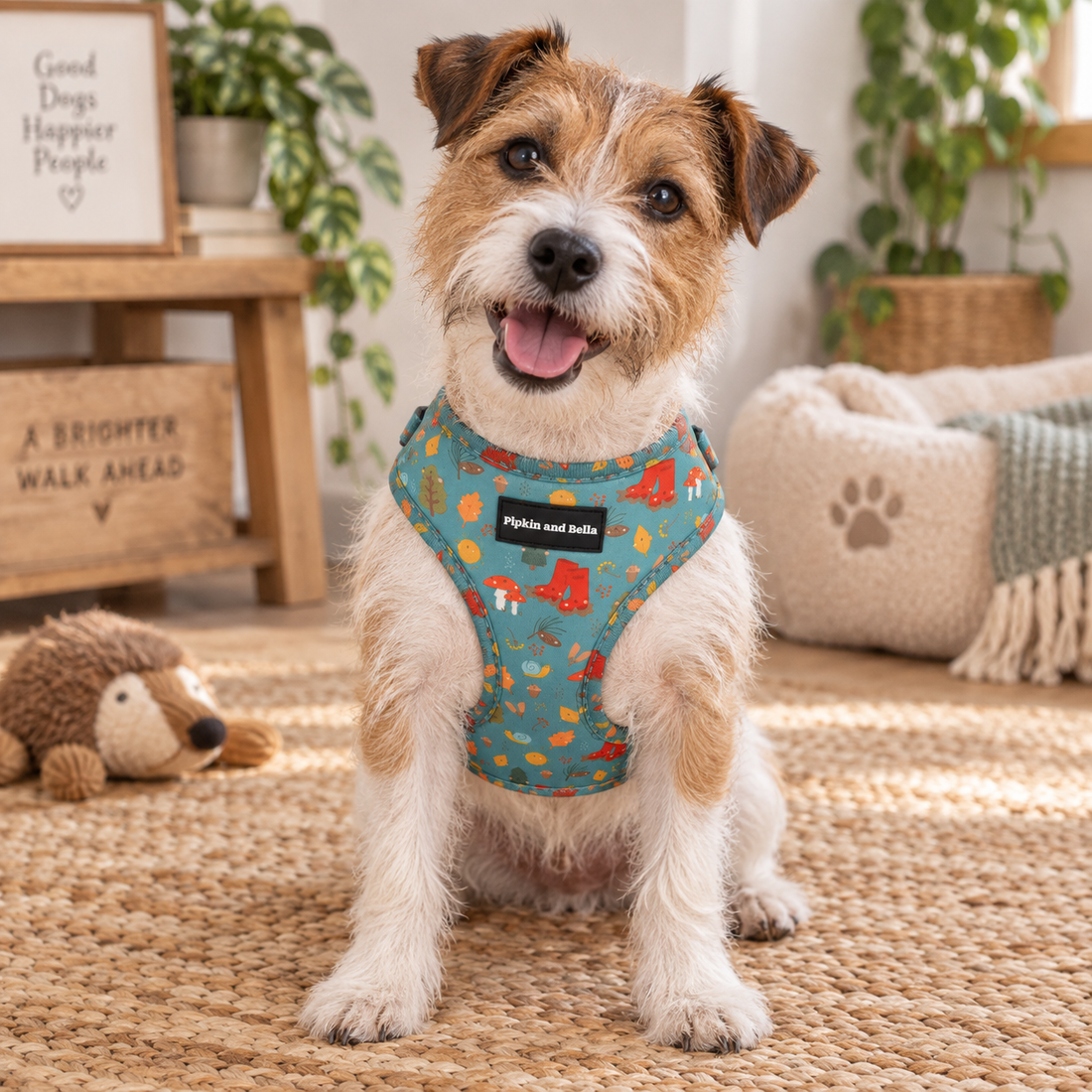 A small terrier-type dog sits on a woven rug indoors, wearing a teal harness with a playful multicolor pattern of cartoon animals and the visible brand name 'Pipkin and Bella' on a black label.